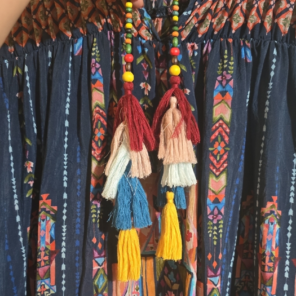 #93. Johnny Was Blue and Orange Embellished Long Sleeve Blouse - Picture 2 of 6